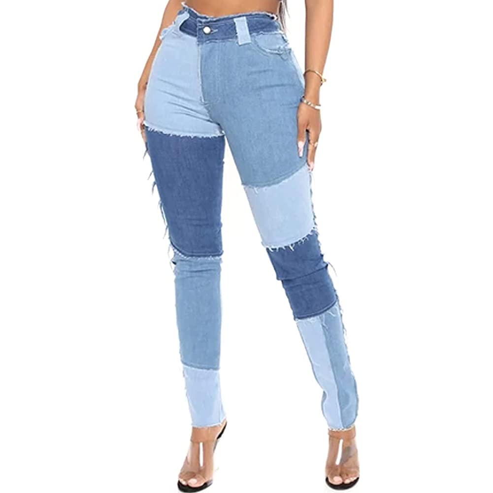 THUNDER STARWomen High Waist Patchwork Jeans Stretchy Denim Pants