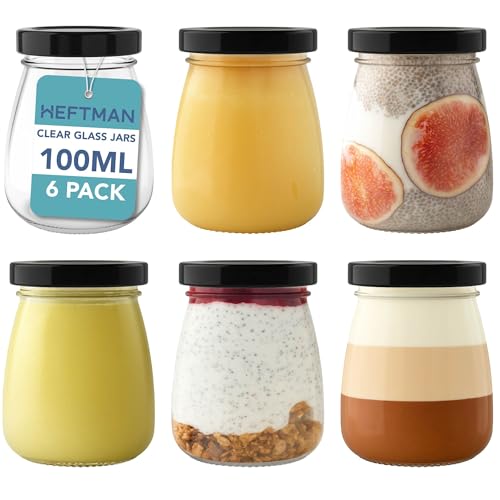 HEFTMAN Tarros pequeños de vidrio con tapas, juego de 6 botellas de chupito de vidrio herméticas vacías de 100 ml con tapas, tamaño de viaje, ollas a prueba de fugas, ollas de yogur, mini tarros de