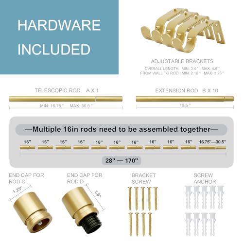 Image of Byondeth Curtain Rods for Windows 16 to 170 Inches Adjustable Length 1 Inch Diameter Window Curtain Rod with Aluminium Finials, Flash Gold