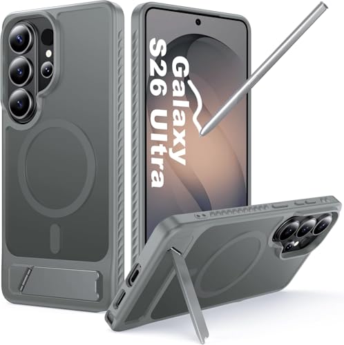 Image of Elzzi Magnetic Magsafe for Samsung Galaxy S26 Ultra Case [Compatible with MagSafe][Full Camera Protection][Built-in Invisible Kickstand] Translucent Matte Phone Back Cover - Grey