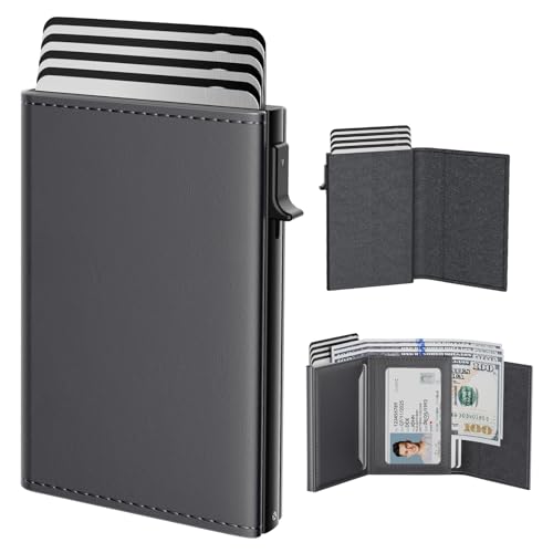 Image of typecase Mens Wallet Card Holder: Pop Up Aluminum Case, Premium Genuine Leather, Smart, RFID Blocking, Slim, Minimalist, Front Pocket - 9-14 Card Capacity | ID Window | Cash Slot - Deep Grey