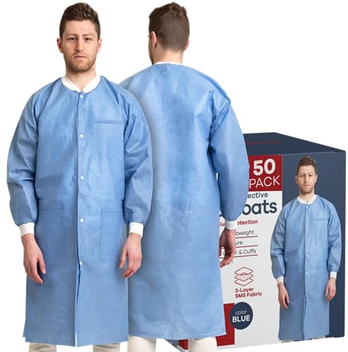 Case of 50 Disposable Lab Coats - Blue - With 3 Pockets and Soft Knit Cuffs & Collar | SMS Unisex...