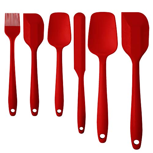 Spatules en silicone pour la cuisson avec trous de suspension faciles à ranger, ustensiles en caoutchouc ergonomiques pour la cuisine et la pâtisserie - rouge (lot de 6) Cover