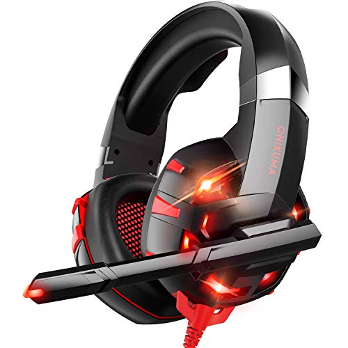 ONIKUMA PS4 - Auriculares de diadema para PS4, Xbox One, PC, Nintendo Switch, con micrófono con cancelación de ruido, sonido envolvente 3D, luz RGB, color rojo