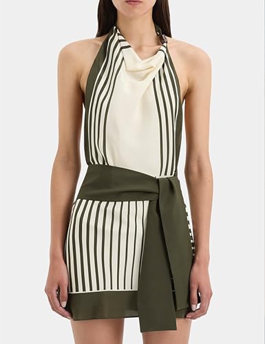 Huaqiao Women Striped Halter Mini Dress Backless Cowl Neck Belted Wrap Sexy Party Cocktail Short Bodycon Dresses3