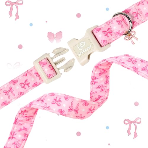 Image of Cute Pink Bow Dog Collar, Girly Cotton Adjustable Puppy Collar with Charm & Durable Quick Release Buckle,Spring Summer Collars for Small Medium Large Dogs