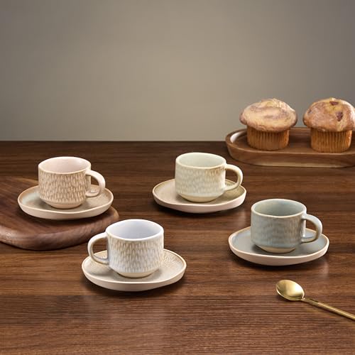 KooK Espresso Mug and Saucer Set, Ceramic Cups and Plates with Rustic Organic Shape and Feathered Texture, Dishwasher and Microwave Safe, 2.7 oz, Set of 4, Neutral Multicolor (2.7 Oz) by KooK - Used condition - Image 5