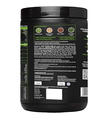 Image of Plantigo Clean Protein Powder Men & Women | 24g Plant Protein, 4.4g BCAA, 2g Leucine, 4g Fiber | No Sugar, No Dairy, No Preservatives | 4x Fast Digest, Stress & Muscle Recovery | Swiss Chocolate 500g