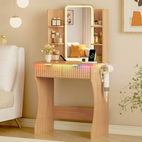 Image of Xixini Vanity Desk with LED Lights Mirror & Power Outlet, Small Makeup Vanity Table Set with Storage Drawers, 3 Lighting Modes & Adjustable Brightness, Dressing Table for Women Girls Bedroom, Oak