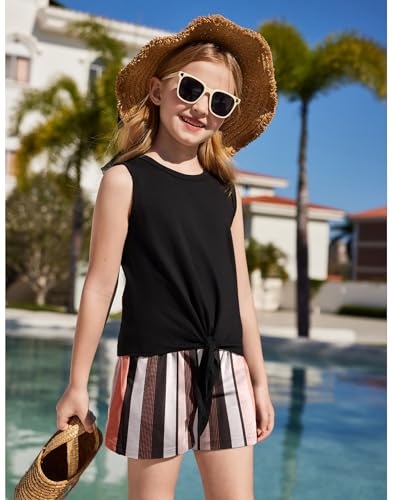 Image of Arshiner Girl's 2 Piece Outfits Tie Knot Tank Top and Paperbag Waist Pocketed Summer Short Sets