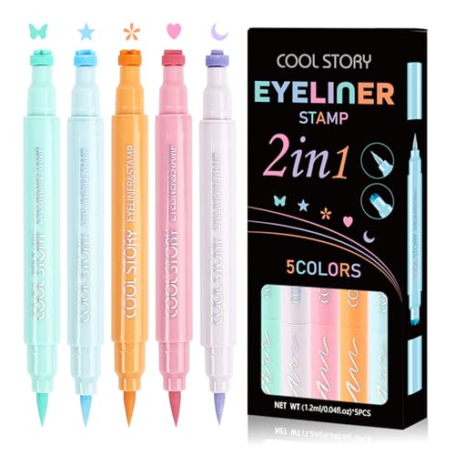 COOL STORY 5 pcs Liquid Stamp Eyeliner - Waterproof Colored Felt Tip Eyeliners, Face Stamp Double Head Glossy Eye Liner with Star, Heart, Moon, Butterfly Stamps - Mixed Color Slim Wingliner