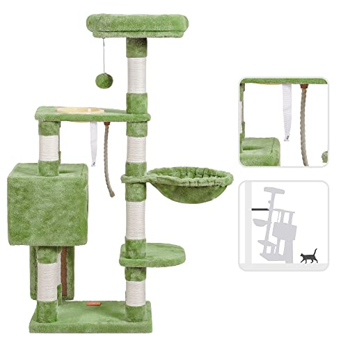 Image of Heybly Cat Tree Cat 46 inches Tower for Indoor Cats Multi-Level Cat Furniture Condo with Feeding Bowl and Scratching Board Green HCT010SGR