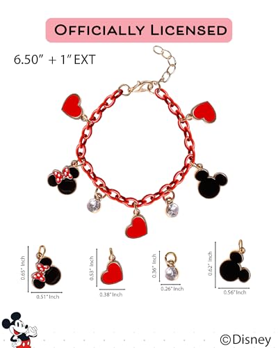 SALLY ROSE Mickey and Minnie Mouse Charm Bracelet with Red Chain Official License, 6.5"+1" Gold-Tone Fashion Charm Bracelet for Women4