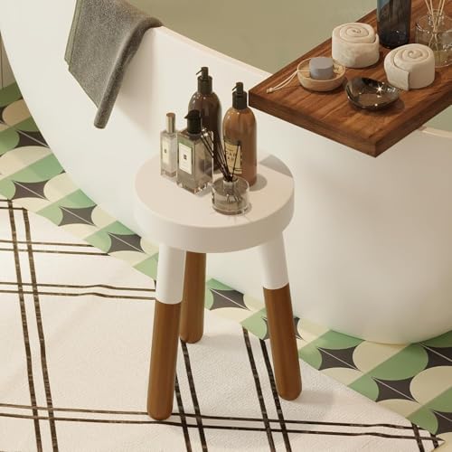 Image of Modern Round Wooden Stool & Side Table with White Finish, Solid Wood Legs, Stylish Multipurpose Furniture for Home, Living Room & Bedroom Small