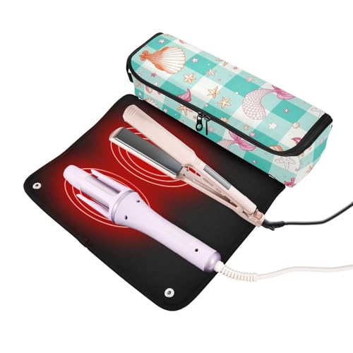 Bolsa de viaje para herramientas de cabello con tapete resistente al calor, impermeable, con organizador portátil para planchas y accesorios de cuidado capilar, patrón Mermaid Gingham miniatura 2