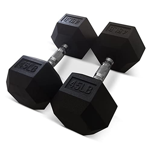 HolaHatha Mancuernas hexagonales de hierro fundido con agarres texturizados contorneados para ejercicio en casa y entrenamiento de fuerza, par, 45 libras