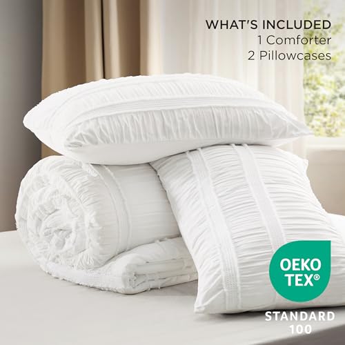 Image of Bedsure Boho Queen Comforter Set - White Waffle Weave Bedding Comforter Sets, Soft Breathable Lightweight Bed Set for All Season, 3 Pieces, 1 Puffy Comforter and 2 Pillowcases