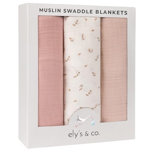 Image of Ely's & Co. Muslin Swaddle Blankets 3-Pack for Baby Girl, 100% Cotton Muslin Extra Large Swaddle Receiving Blankets, 47”x47” (Pink-Cream Floral)