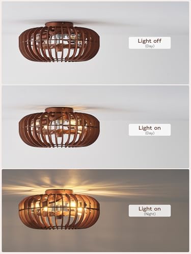 Image of 20 inch Wood Ceiling Fans with Lights Flush Mount, Caged Farmhouse Rustic Ceiling Fan with Light Remote Control, Wooden Low Profile for Bedroom, Living Room, Nursery