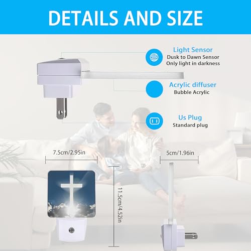 Image of Blessed Night Light,White Cross in Heaven Night Lights Plug into Wall Dusk to Dawn Sensor Led Lamp for Women Men,Led Lights for Stairway /Hallway /Bedroom,0.5W