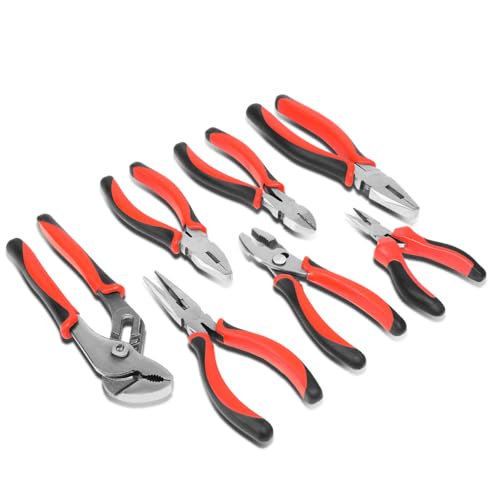 Auto Dynasty 7pcs Pliers Jaws Set with Milled Teeth Hot-Riveted Joint DIY Repair Hand Tool Kit Set for Garage Home Household Office Warehouse, Red