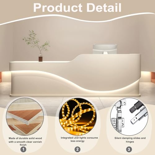 L-Shaped Reception Desk - Modern Reception Desk, Retail Counter and Checkout Desks with Storage Counter and Concealed LED Lighting. No Assembly Required, for Offices, Shopping Malls or Beauty Salons