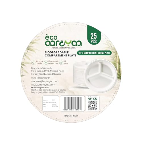 Image of Eco Aaroyaa Bagasse 10 Inch 3 Compartment Plates - Eco-Friendly Bagasse Disposable Plates - Strong Oil & Water Resistant Disposable Plates with Compartments for Parties, Catering & Events (Pack of 25)