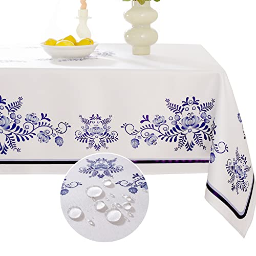 Sastybale Spring Blue And White Porcelain Painting Table Cloth, Rectangle Watercolor Wrinkle Washable Reusable Table Cover For Kitchen Dining Picnic Party (60" X 84", Rectangle/Oblong(6-8 Seats)) #TOP22