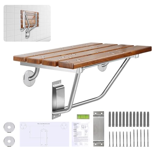 𝙐𝙥𝙜𝙧𝙖𝙙𝙚 28 Inch Folding Shower Seat Wall Mounted, Teak Wood Shower Seat with Stainless Steel Bracket & Finish Cap, 550lb Capacity, for Elderly, Disabled, Pregnant Women, Kids