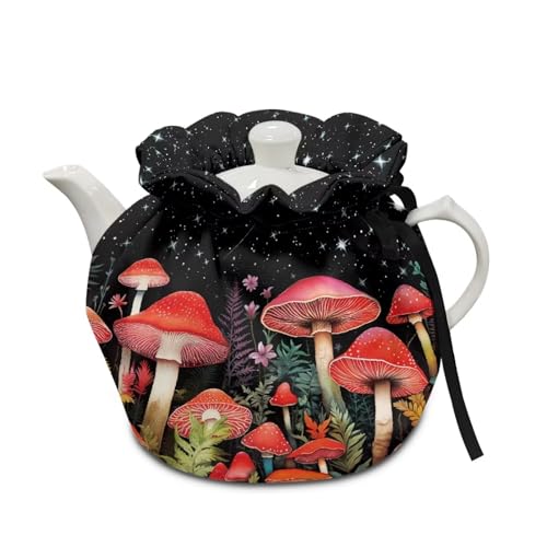 Image of Red Mushroom Kitchen Tea Cosy Breakfast Warmer Heat Preservation & Thermal Insulation Teapot Dust Cover Breakfast Warmer with Drawstring for Home Kitchen Dining Room Table