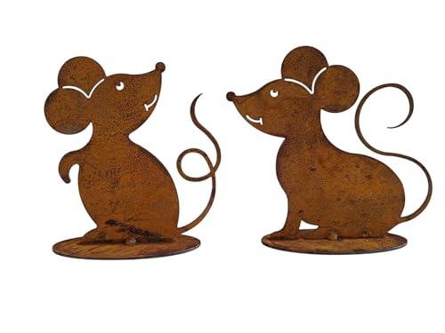 Bornhöft Edelrost Mäuse Deko – 2er Set Gartenfiguren aus Metall – Rostoptik Mäuse für Garten, Balkon & Terrasse – Wetterfeste Rost Deko Figuren – Handgefertigte Gartendeko Vintage Look