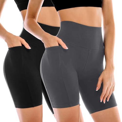 Image of Leafigure 2 Pack Womens Biker Shorts with Pockets 6 inch | High Waisted, Tummy Control, Running, Gym, Workout, Yoga Shorts