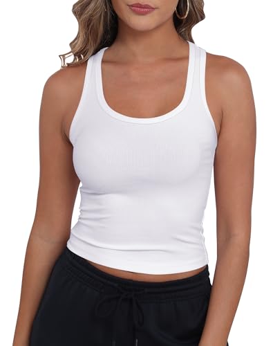 GEMBERA Women Sleeveless Scoop Neck Racerback Ribbed Knit Fitted Teen Basic Crop Tank Top Shirt