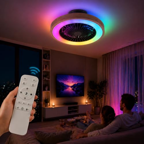 Plafonnier ventilateur LED silencieux avec lumière dimmable RGB et télécommande 49cm