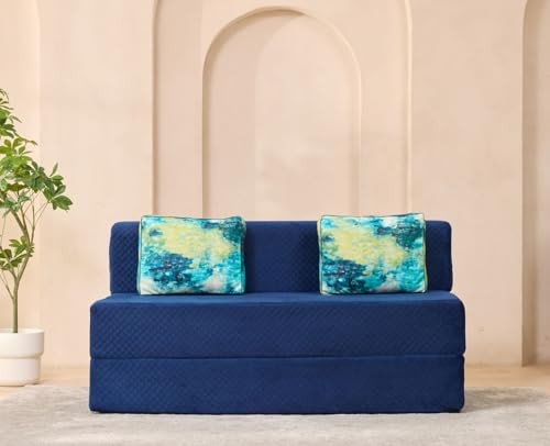 Image of uberlyfe Xtra High, Xtra Soft 3 Seater (5' x 6') Sofa Cum Bed | 1 Year Warranty | 17 inch Sofa Height | Queen Size Foldable Bed | Plush Laser Quilted Fabric |2 Cushions Ocean Hues Pattern| Deep Blue Color