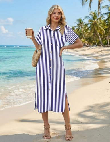 Image of HOTOUCH Womens Dress Summer Casual Midi Short Sleeve Button Down Shirt Dresses Loose Beach Cover Up with Pockets