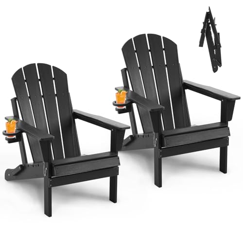 FurniSoar Adirondack Stuhl 2er Set Klappstuhl mit Getränkehalter, Wetterfest Gartenstuhl Patio Stühle, Gartensessel aus Kunststoff für Garten, Terrasse und Balkon, Schwarz 2pcs