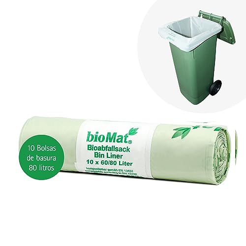 bioMat Bolsas de Basura 80l Compostables, 10 Bolsas para Cubo de Basura Orgánica y Reciclaje de Residuos, Neutralidad Climática, Fabricado en Alemania