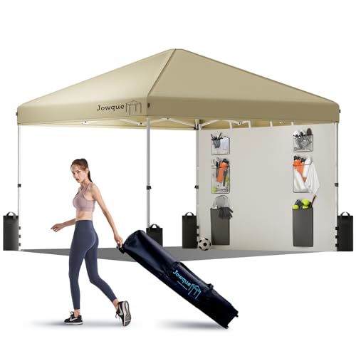 10x10 Pop Up Canopy Tent w/Side Wall, 6 Pockets, Easy Setup Instant Shade Canopy, 210D Silver Coated Fabric, Bonus 8 Stakes, 4 Weight Bags,Khaki