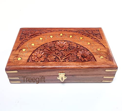 Treegift™ Wooden Jewellery Box for Women Jewel Organizer Hand Carved Carving and Brass work Gift Items.Size-10″ x 6″ inch,Brown (Sheesham Wood) (Rectangular)