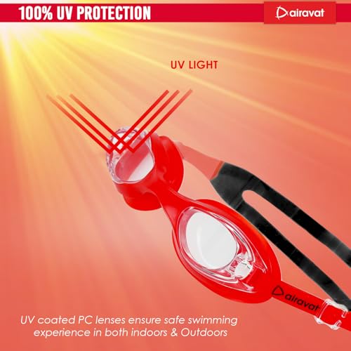 Image of AIRAVAT Hydro 1027 Swimming Goggles, Adjustable Pool Goggles For Adult, Youth, Boys & Girls, Optic Quality Poly carbonate Lenses, 100% UV Protection Anti-fog Coated, Ultra Durable (Red)