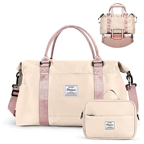 SYCNB Weekender Bags for Women,Travel Duffel Bag with Toiletry Bag,Overnight Weekend Carry On Personal Item Bag with Wet Pocket & Trolley Sleeve,Gym Bag,Beige&Pink Cover