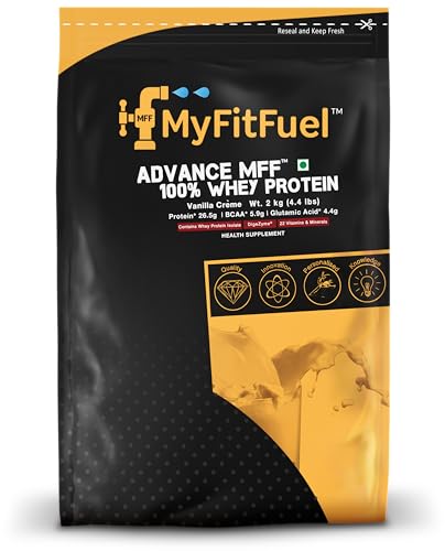 Image of MyFitFuel Advance MFF 100% Whey Protein Powder, Whey With Digestive Enzymes and Multi Vitamins | 2 Kg, 56 Servings (Vanilla Creme)