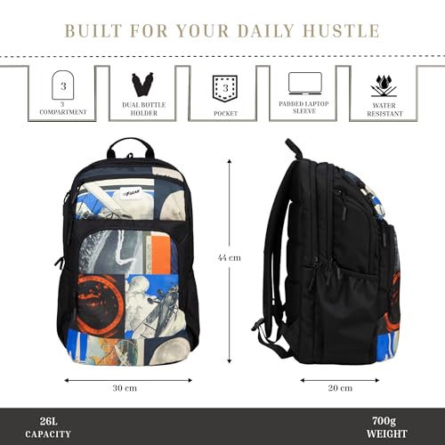 Image of F Gear Akira Black 26L Backpack, 3 Spacious Compartments, 3 Pockets and 1 Hidden Pocket|Anti theft Backpack|Airflow Padded Back Panel|Lightweight & Durable|Ideal for Office, Daily Use & Travel