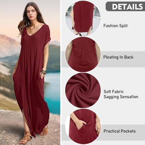Image of Match Women's V-Neck Casual Loose Short Sleeve Long T-Shirt Dress Split Maxi Dress with Side Pocket