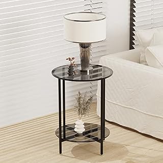 Artloge Glass Round Side Table Small: 2 Tier Modern Accent Tables Circle Diameter 40cm Slim Bedside Tables Gray Tinted Tempered Glass Top with Black Metal Frame for Living Room Reception Decor