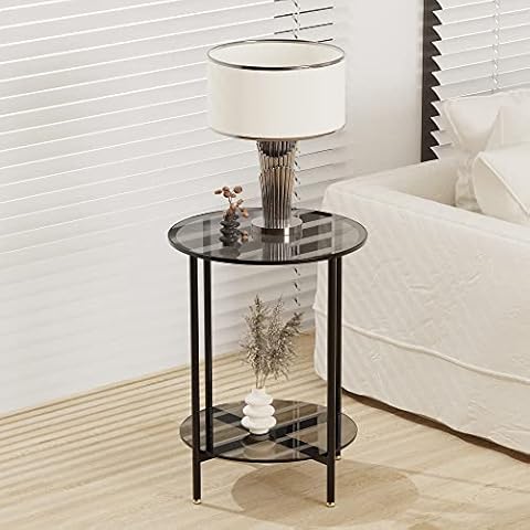 Artloge Glass Round Side Table Small: 2 Tier Modern Accent Tables Circle Diameter 40cm Slim Bedside Tables Gray Tinted Tempered Glass Top with Black Metal Frame for Living Room Reception Decor Cover