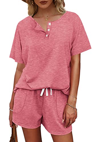 Image of WIHOLL Two Piece Outfits for Women Lounge Sets Button Down Top and Shorts Set Sweatsuits with Pockets