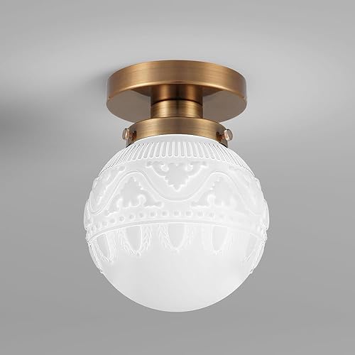 Miniatura 12 de Lámpara de Techo Semiempotrada, Accesorio de Iluminación de Techo de Cocina Vintage Dorado, Luz de Techo Cercana con Globo de Cristal Ámbar,