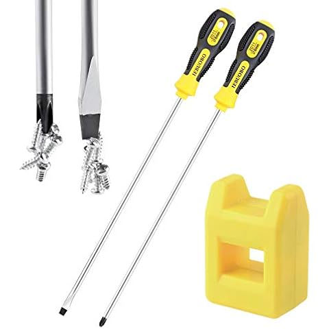 IEBUOBO 10-inch long Screwdriver Magnetic Tip Cross Head Flat Head NO.2 Screwdriver 2 Packs, With Magnetizer/Demagnetizer Tool Cover
